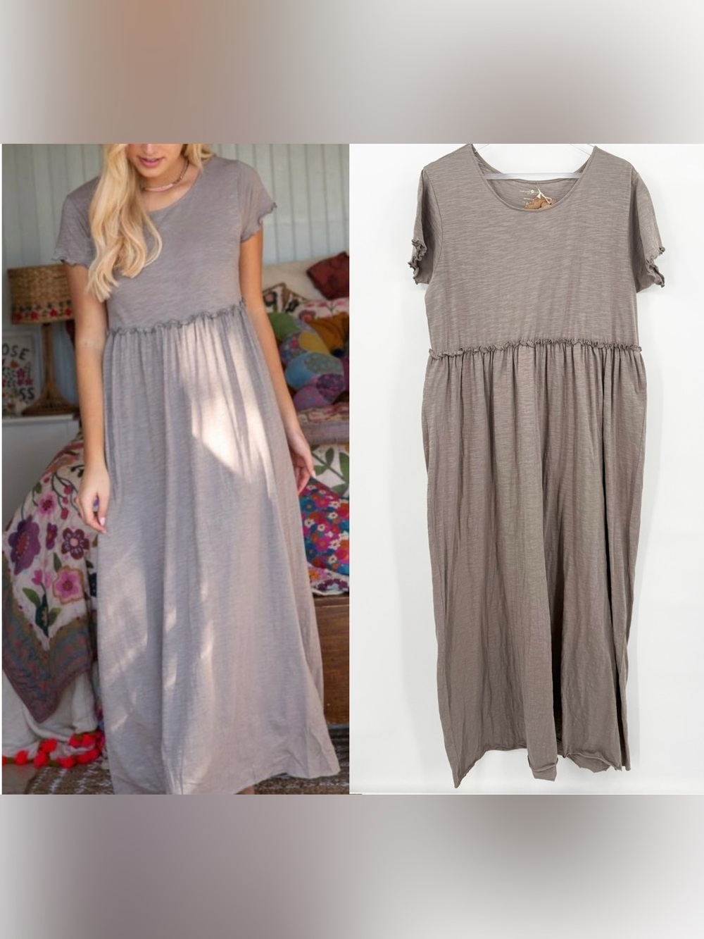 Natural Life Gray Tan T-Shirt Empire Maxi Dress Cut Your Own Hem Size XL NEW